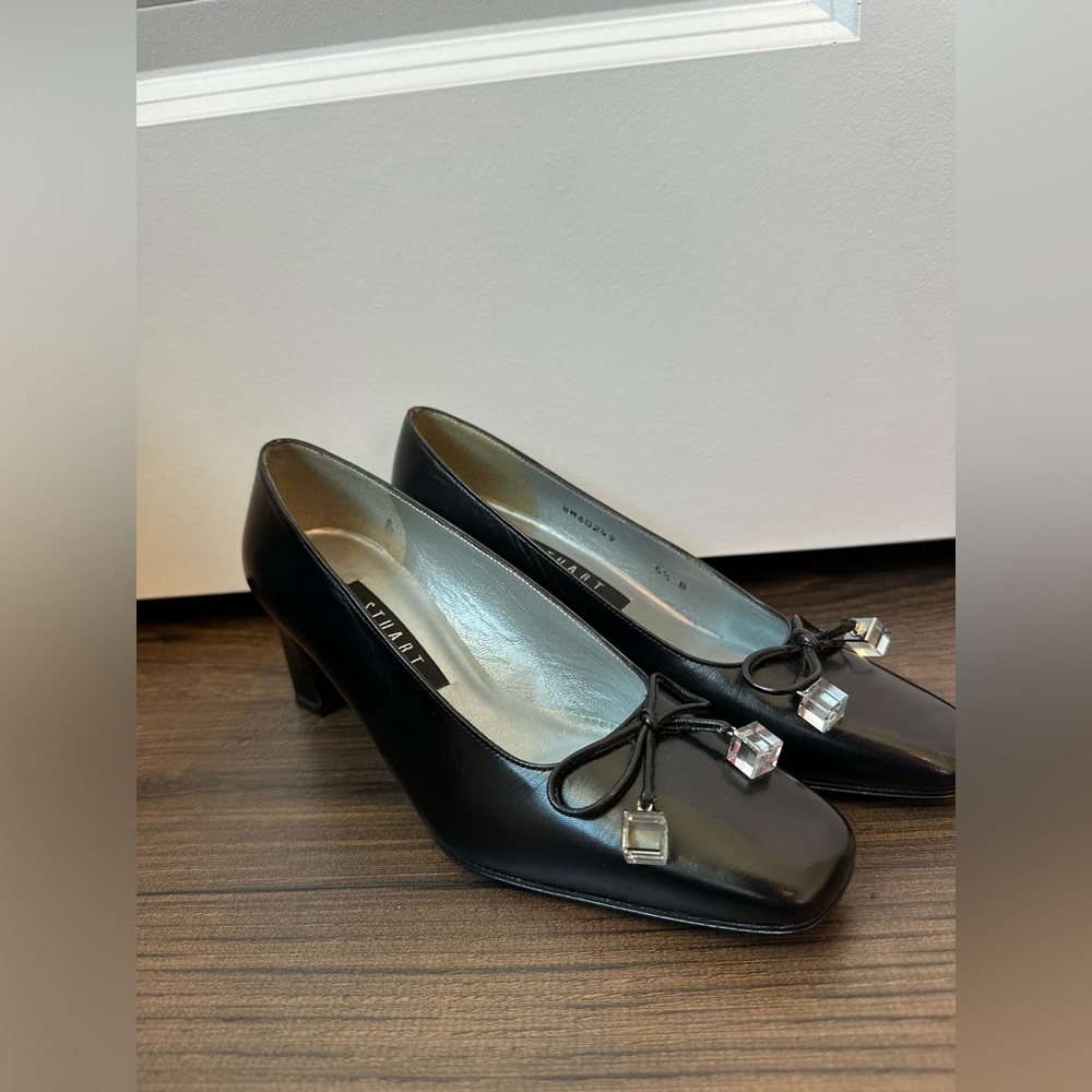 Stuart Weitzman Black Leather Mid Heel Pumps with Crystal Charms - Picture 3 of 15